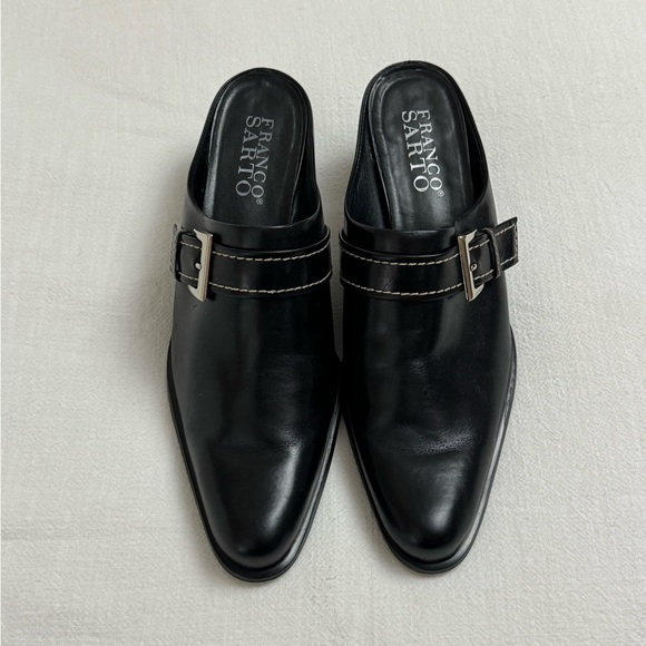 Franco Sarto Black Leather Slip On Mules Size 9.5 Crossover Buckle Classic Boho - Picture 2 of 12